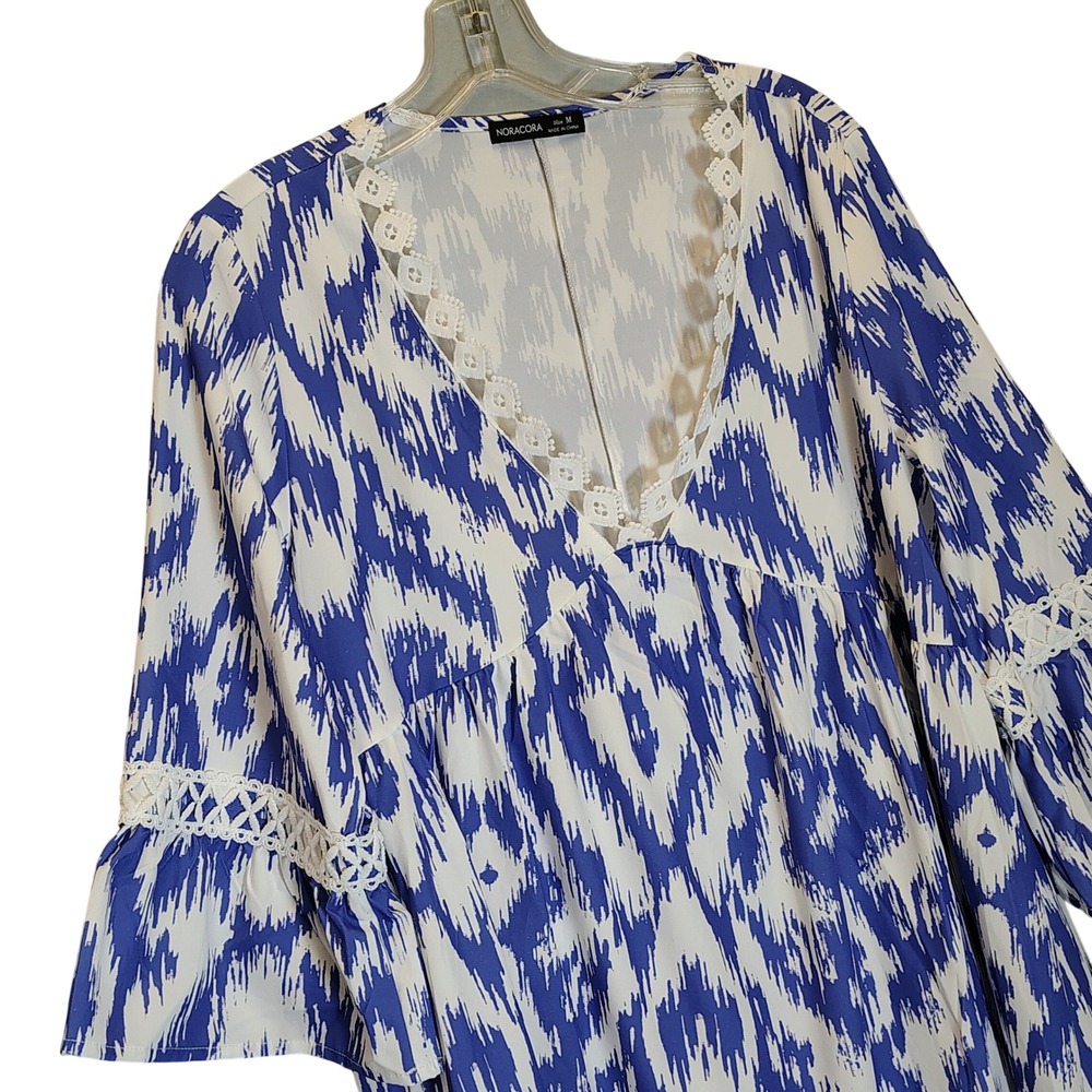 Noracora Blue White Ikat V-Neck‎ Tunic Top Beach Resort Wear Bell Sleeve Women M